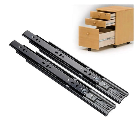 Heavy Duty Full Extension Drawer Slides One Pair Bottom Mounted Concealed Cabinet Hardware Smooth Gliding black metal tracks with cabinet.