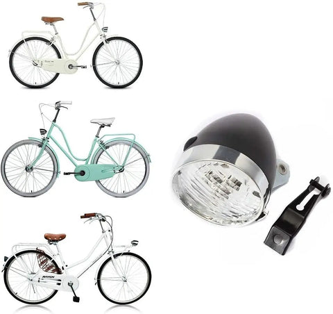 Vintage Retro Front Bicycle Light With Bracket, 3 LED Headlamp For Night Riding, next to city bicycles illustration.