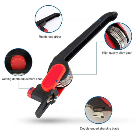 DIY Friendly Manual Cable Stripper Cutter with adjustable depth up to 5mm, highlighting reinforced arbor, gear, adjustment knob, and blades.