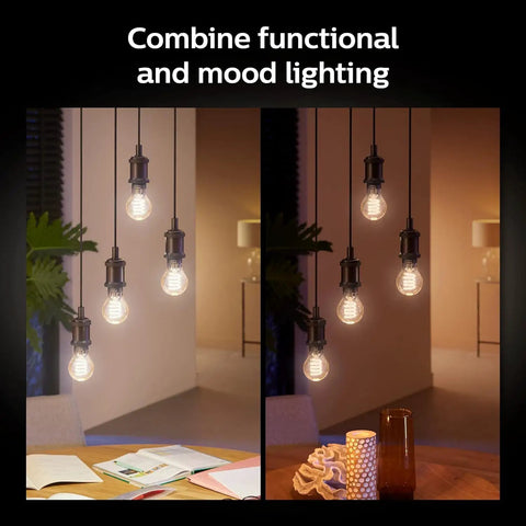 Smart A19 Filament LED Bulb With White Ambiance From Warm To Cool Light in hanging fixture, illuminating living room