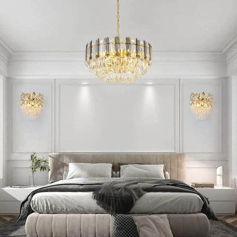 Luxury Gold Wall Sconce With Crystal K9 Accent in modern bedroom with matching chandelier, stainless steel frame, clear gray crystals