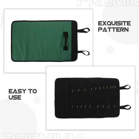 Top view of Portable Chef Knife Roll Bag with roll up design, green interior, multiple pockets, and large capacity fabric construction, easy carry.