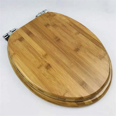 Heavy Duty Solid Wood Toilet Seat With Slow Close Lid And Thick Buffer Cushion For Universal Bathroom Upgrade Smooth Quiet Drop Design Built Tough No Hassle Setup Premium Grade Build top view of solid wood toilet seat with chrome hinges.