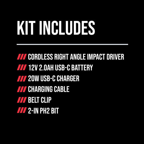Text listing contents of PWR CORE 12 Brushless 12V Right Angle Impact Driver kit, including battery and charger.