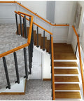 Top Notch Side Mount Deck Railing Posts With Adjustable Brackets And Complete Screw Kit Heavy Duty Black Stair Balusters installed around wooden stairs.
