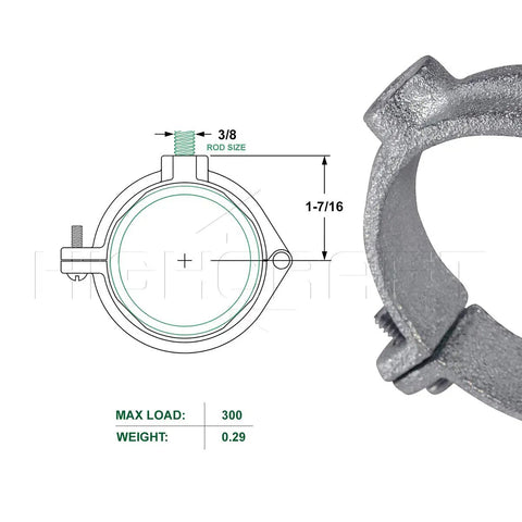 Hinged Split Ring Pipe Hanger One And A Half Inch Galvanized Iron With Three Eighths Inch Rod Fitting diagram and side view