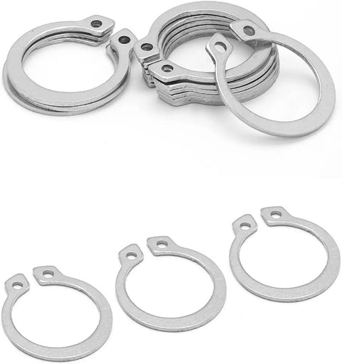 Precision Machined Heavy Duty Stainless Steel External Circlips 30 Pack C Clip Snap Rings stacked and arranged for automotive use.