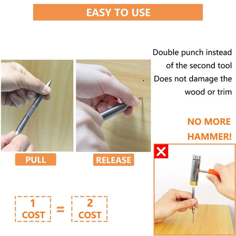 Hand using Dual Head Hammerless Nail Setter 2-In-1 Nail Set for 1/32 Inch and 1/16 Inch Nails, shows pull and release action