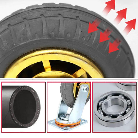 Close-up of heavy duty caster wheels rated for over eleven hundred pounds, showing solid polyurethane tread and gold rim.