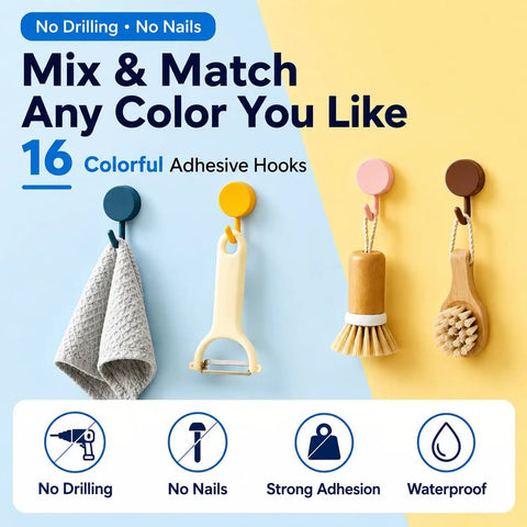 Colorful adhesive wall hooks holding towels and utensils, showcasing Sixteen Pack Dead Easy Colorful Adhesive Wall Hooks Self Stick Strong Tape No Drill Renter Friendly Low Key Decorative Style Quick Mount Organization For Any Space Major Room Refresh.