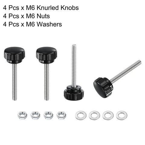 Four Pack Knurled Knobs Thumb Screws with Nuts and Washers for Quick Grips Pro Grade M6 x 60mm Male Thread
