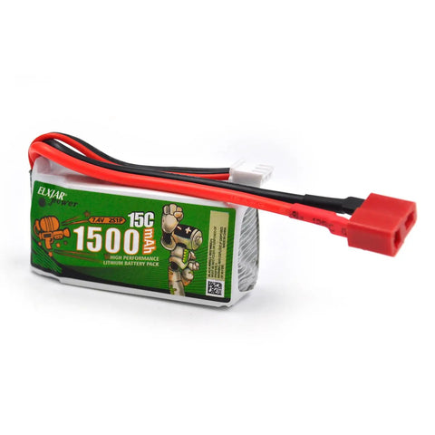 2 Pack 7.4V 1500mAh Li Ion Battery High Rate For 1 10th 1 12th And 1 16th RC Off Road Cars showing red connector.