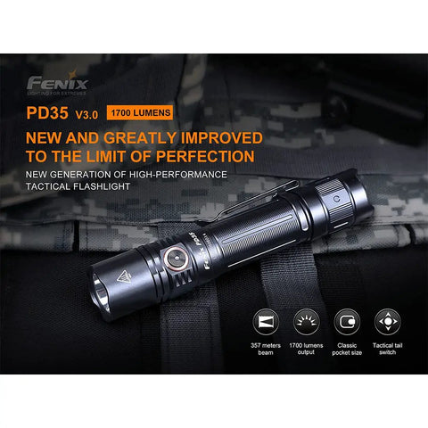PD35 V3.0 Rechargeable Tactical Flashlight 1700 Lumens EDC With Organizer Black displayed on camouflage background