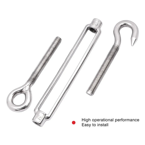 Top Shelf 304 Stainless Steel Hook And Eye Turnbuckle Kit For Wire Rope Tensioning Heavy Duty M10 Rigging Hardware components.
