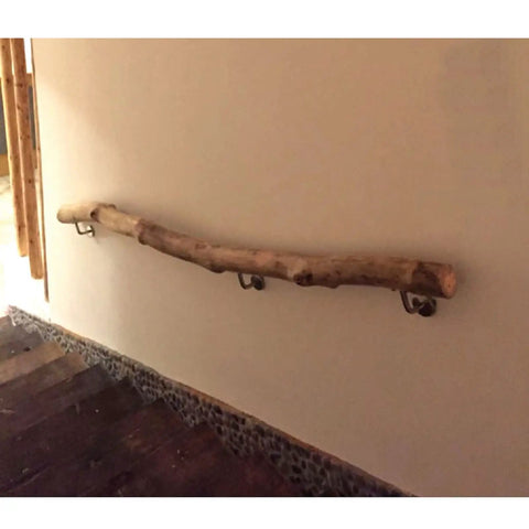 Adjustable Rustic Solid Wood Handrail Kit With Built Tough Steel Brackets And Top Grip Nonslip Coating For Reliable Elderly Safety And Straight Up Easy Interior Installation mounted on wall.