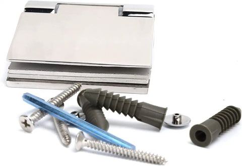Top Shelf Heavy Duty Frameless Glass Door Hinges Constructed From Premium Corrosion Resistant 304 Stainless Steel with screws and anchors.