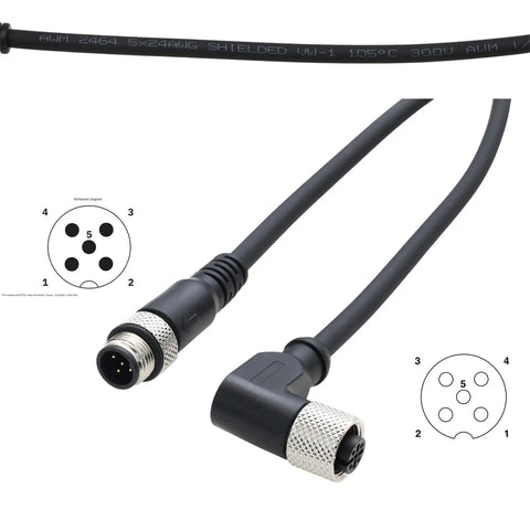 M12 5 Pin Right Angle Power And Data Cable A Coded with gold contacts for industrial actuators, 2m length, 60V AC/DC, side view.
