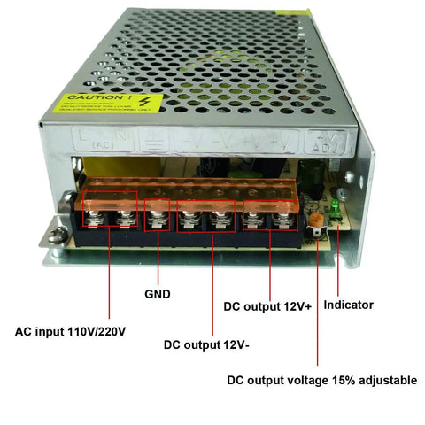 AC to DC Dual Output 12V 10A Power Supply Adapter showing labeled connections for LED Strips and CCTV Cameras, indoor use