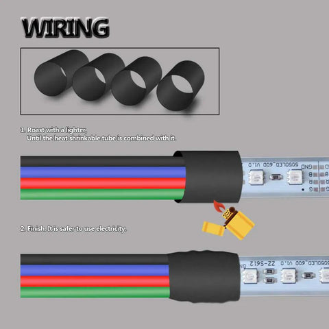Demonstration of using 100 Ft RGB 4 Wire LED Extension Cable 22 AWG 4 Pin Tinned Copper For 3528 5050 RGB LED Strips with heat shrink tube.