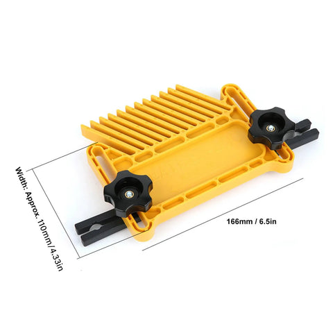 Kickback Killer Two Pack Woodworking Featherboard shows yellow polypropylene material with adjustable clamps and dimensions.