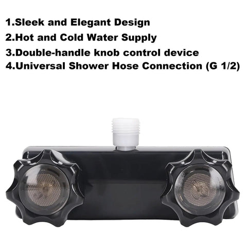 Badass Non Metallic Rv Shower Head And Hose Kit Featuring Zero Hassle Setup For Standard Two Hole Four Inch Valves, sleek black shower valve with knobs.