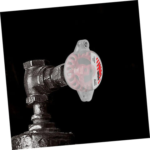 Heavy Duty Gate Valve Lockout Device For Water Spigot Security Features Transparent Window Snap Cover installed on a valve.