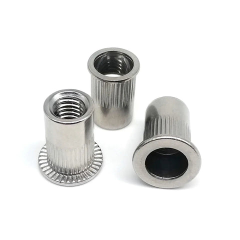 Grab These 20 Flat Head Threaded Insert Nuts Made Of Top Grade 316 Stainless Steel For Super Durable Corrosion Resistance In Any DIY Metalworking Or Home Improvement Project Right Now. Three 316 stainless steel flat head threaded insert nuts.