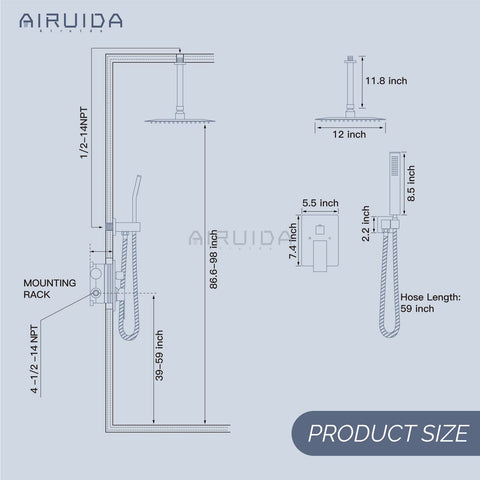 Diagram of Brushed Nickel Ceiling Mount Rainfall Shower Head System With 10 Inch Square Head, dimensions in inches shown.
