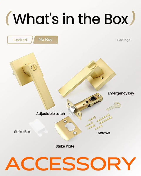 Three Pack Gold Privacy Door Knobs With Lock For Bedroom And Bathroom, including handles, latch, strike plate, emergency key.