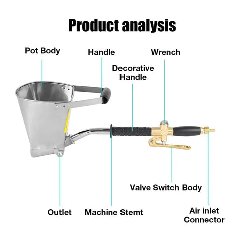 Pro Grade 4 Hole Cement Spray Gun Pneumatic Mortar Sprayer with Roomy Mixing Bucket showing detailed parts and connections.