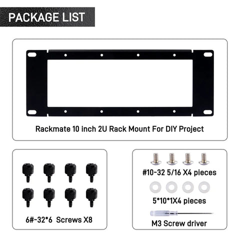 Package list showing Heavy Duty 10 Inch 2U Rack Mount Bracket For DIY Projects with screws and tools included.