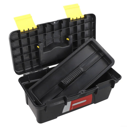 Open 10 Inch Plastic Toolbox With Dual Layer Organization showcasing top tray, grab and go handle, and secure latch in black
