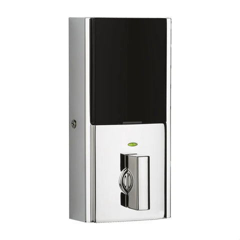 Contemporary Keypad SmartCode Deadbolt Lock With SmartKey Security And ZigBee Three Point Zero in polished chrome, rear view