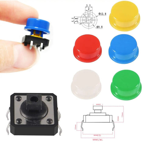50 Pcs Tactile Push Button Kit For Breadboard Projects High Sensitivity Momentary Contact Buttons with color caps and diagram