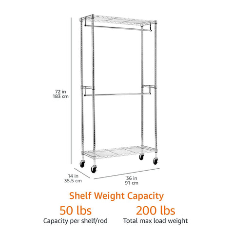 Heavy Duty Chrome Rolling Clothes Rack With Double Hanging Rods And Adjustable Swing Arms Super Roomy Closet Organizer, 72 inches tall.