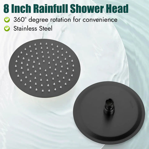 Heavy Duty 8 Inch Round Rain Shower Head With Smooth Flow Valve Slick Matte Black Bath Fixture Set top view with nozzles
