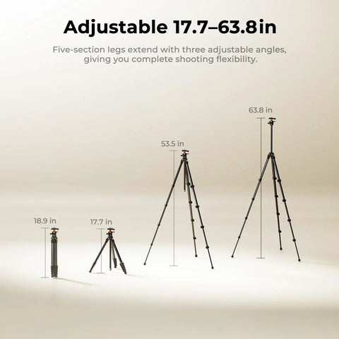 Lightweight Travel Tripod For Camera And Phone, 63 Inch Aluminum With Arca Ball Head, ultra portable 2.6 lb, height adjustments shown