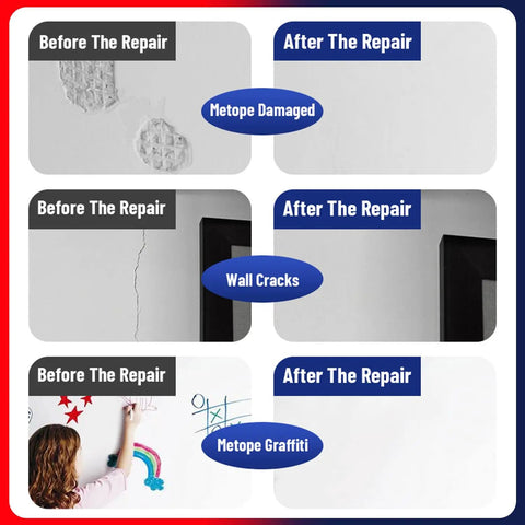 Quick Fix Drywall Repair Kit Includes Scraper Plus Fast Drying Wall Patch Paste For Hole And Crack Filler Delivering A Slick Finish For Every Homeowner Trying To Patch Up Walls Today before and after repair images for wall damage.
