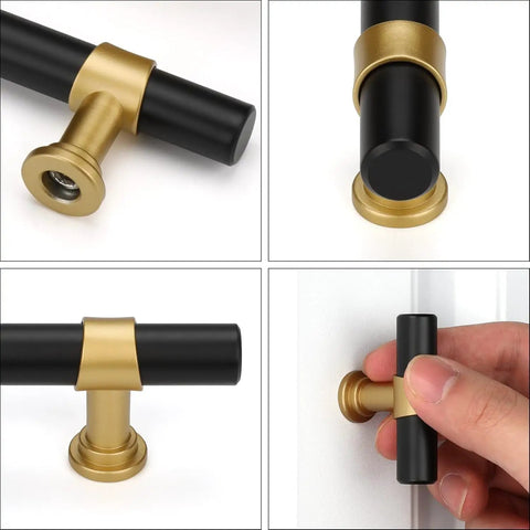 Black and Gold Cabinet Pulls Set, 25 Pack, 3 Inch Center to Center Modern Kitchen Handles detailed views over white background