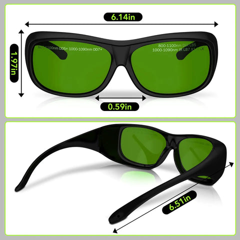 Heavy Duty Laser Safety Glasses Delivering Straight Up OD7 Plus Kick Against 800 To 1100 Nm Rays Shop Ready image showing front and side views of protective eyewear dimensions.