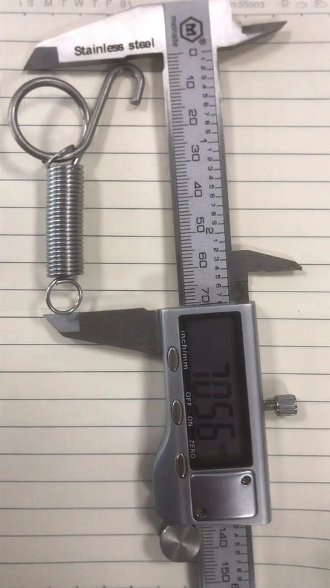 Heavy Duty Stainless Steel Sliding Bolt Latch For Rabbit Hutch Doors measured with caliper and spring detail visible.