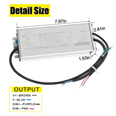 Beefy 150W Waterproof IP67 LED Driver Power Supply dimensions and cable details for 22-56V DC LED Lights