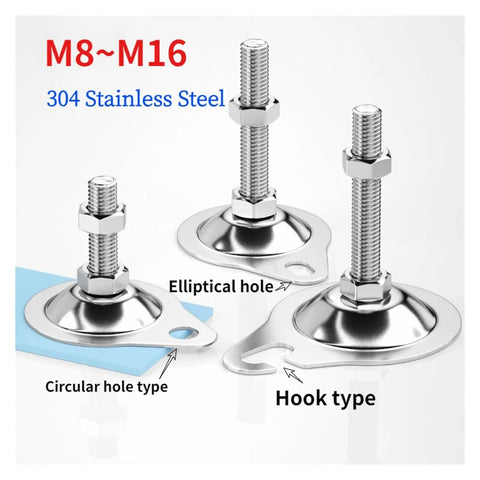Rock Solid Adjustable Leveling Feet M8 To M16 Thread 304 Stainless Steel showing elliptical and hook mount types.