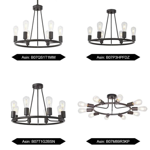 Rustic Farmhouse Round Pendant Lighting 6-Light Chandelier In Oil-Rubbed Bronze, various angles showing open frame design.