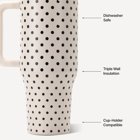40oz Polka Dot Insulated Tumbler Featuring A Spill Proof Flip Straw And Comfort Grip Handle, detail view highlighting triple wall insulation.