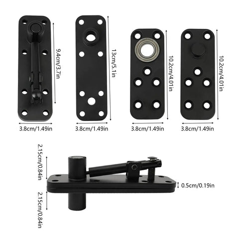 Built Tough Heavy Duty Black Invisible Door Hinges Featuring A Game Changing Rock Solid 360 Degree Swivel For Big Time Renovations. Dimensions displayed.