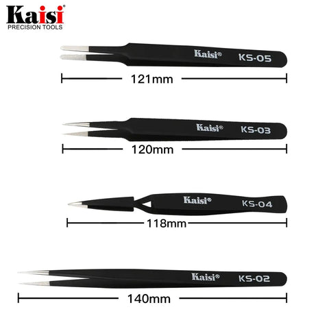 ESD Anti Static Precision Tweezers Set Includes 8 Pairs Of Stainless Steel Tweezers; four sizes shown, 121mm to 140mm.
