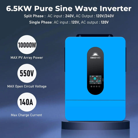 6.5KW inverter from 6500W Off Grid Solar Power Kit With 6x370W Mono Panels, 100Ah 51.2V LiFePO4 Battery, 120 to 240V Inverter, Home Backup System
