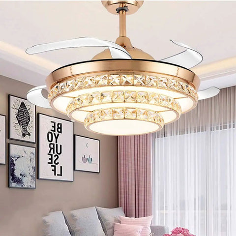 42 Inch Crystal Chandelier Ceiling Fan With Invisible Blades And Wall Control Featuring Slick Airflow And Top Shelf Led Illumination Offering Three Color Tint Options For A Gold Room Refresh in modern living space.