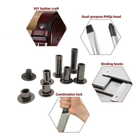 Badass Grip Chicago Screws And Round Flat Head Leather Rivets Assortment Pack With Slick Dark Steel Coating Plus Eight Size Options To Handle Any Heavy Craft Work Or Footwear Fix Right Up, showing assorted rivets and tools.